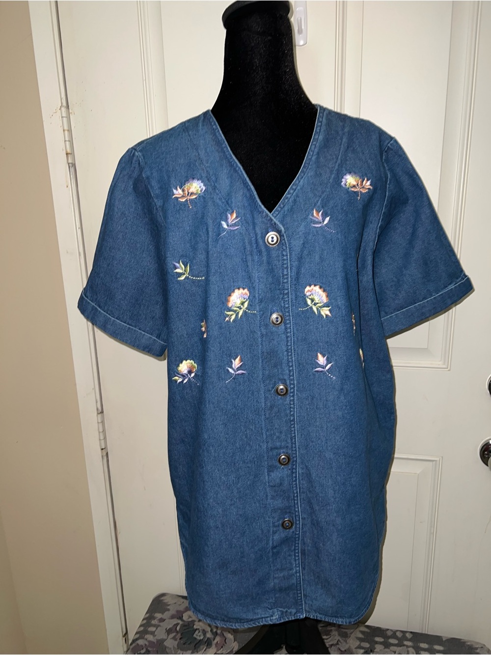 Vtg Denim Grandmacore Coldwater Creek Brunch Button Down Tunic Top Sz Large